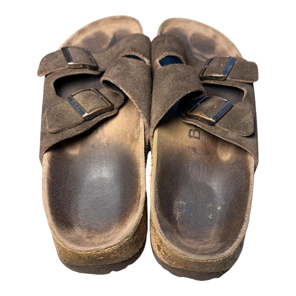 Betula by Birkenstock Dark Brown Suede Two Strap Buckle Sandals Slides Men US 10